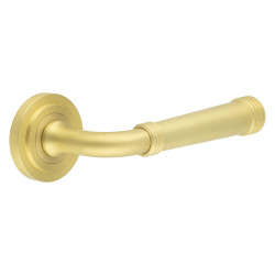 Burlington by Frelan Satin Brass Fire Rated Door Handles on Round Stepped Rose - Highgate Range