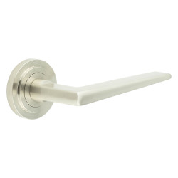 Burlington by Frelan Satin Nickel Fire Rated Door Handles on Round Stepped Rose - Mayfair Range