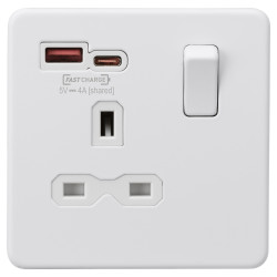 Knightsbridge 13A 1 Gang Flat Plate Type A/C USB Socket with 2 x USB - 1.5A - Matt White/White