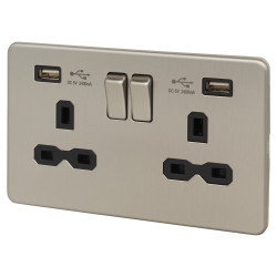 Knightsbridge 13A 2 Gang Screwless USB Socket with 2 x USB - 2.4A - Brushed Chrome/Black Inserts