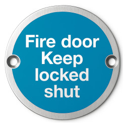 Altro Light Blue Fire Door Keep Locked Shut Door Sign - 75mm Diameter - Satin Stainless Steel