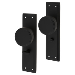 Hampstead Matt Black Knurled Bathroom Mortice Door Knob on Backplate - 205 x 52mm - Miller Range