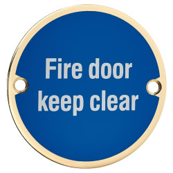 Hampstead Fire Door Keep Clear Door Sign - 75mm Diameter - Polished Brass