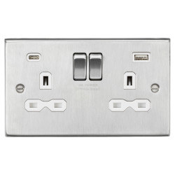 Knightsbridge 13A 2 Gang Square Edge Type A/C USB Socket with 2 x USB - 4A - Brushed Chrome/White