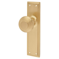 Hampstead Satin Brass Reeded Latch Mortice Door Knob on Backplate- 205 x 52mm - Miller Range