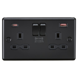 Knightsbridge 13A 2 Gang Round Edge Type A/C 45W USB Socket with 2 x USB - 2.25A - Matt Black/Black