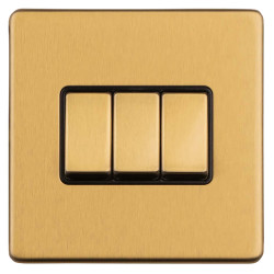 Eurolite Concealed 10A 3 Gang 2 Way Screwless Flat Plate Light Switch - Satin Brass/Black