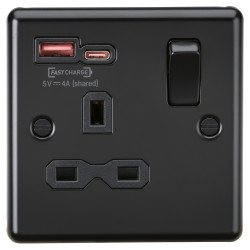Knightsbridge 13A 1 Gang Round Edge Type A/C 18W USB Socket with 2 x USB - 1.5A - Matt Black/Black