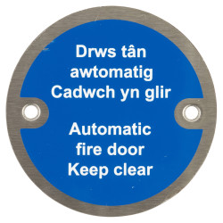 Altro Welsh/English Automatic Fire Door Keep Clear Door Sign - 75mm Diameter - Satin Stainless Steel