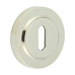 Burlington BUR60 by Frelan Escutcheon on Knurled Rose - 53mm Diameter - Keyhole - Polished Nickel