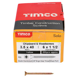 TIMCO Solo Chippy Pozi Countersunk Wood Screws - 3.5 x 40mm - Yellow Zinc - Pack of 200