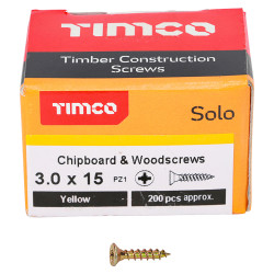 TIMCO Solo Chippy Pozi Countersunk Wood Screws - 3.0 x 15mm - Yellow Zinc - Pack of 200