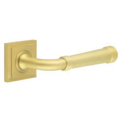 Burlington by Frelan Satin Brass Fire Rated Door Handles on Square Stepped Rose - Highgate Range