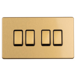 Eurolite Concealed 10A 4 Gang 2 Way Screwless Flat Plate Light Switch - Satin Brass/Black