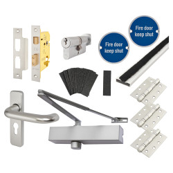 Medium Duty Euro Lock Door Handle on Backplate Fire Door Kit - Power Size 2-4 - Aluminium