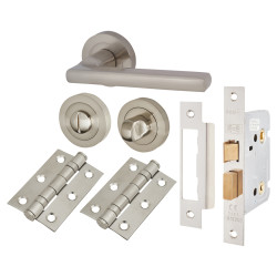 Touchpoint Satin Nickel Bathroom Lock Door Handles on Rose Pack - Sophia Range