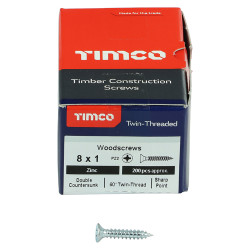 TIMCO Twin Threaded Pozi Countersunk Wood Screws - 8 x 1" - Zinc Plated - Pack of 200