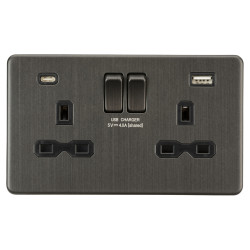 Knightsbridge 13A 2 Gang Screwless Type A/C USB Socket with 2 x USB - 4A - Smoked Bronze/Black