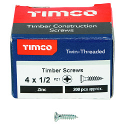 TIMCO Twin Threaded Pozi Countersunk Wood Screws - 4 x 1/2" - Zinc Plated - Pack of 200