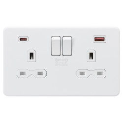 Knightsbridge 13A 2 Gang Type A/QC18W Type C/PD45W USB Socket with 2 x USB - Matt White/White