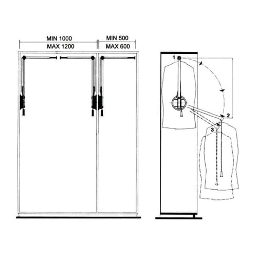 Flexi Lift Single Pull Down Wardrobe Rail - 500-600mm - Left Hand - Grey
