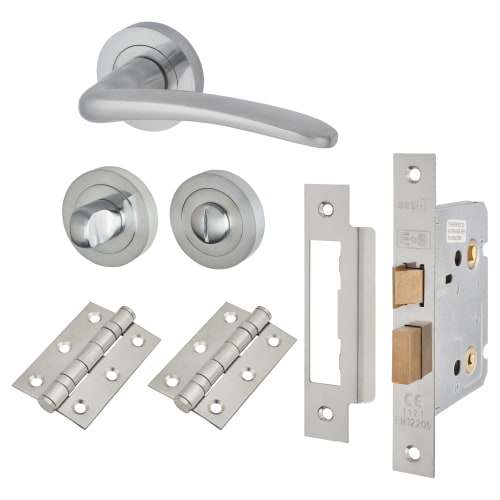 Touchpoint Eloise Lever Door Handle on Rose - Bathroom Lock - Door Kit - Satin Chrome