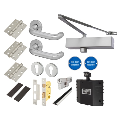 Medium Duty Lever Door Handle on Rose Fire Door Kit Dorgard Holder - Euro Sashlock - Aluminium