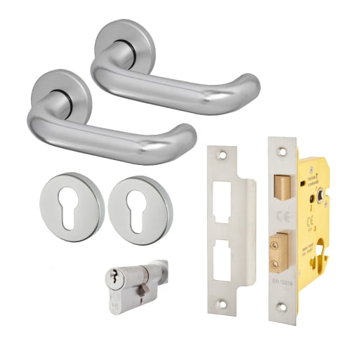 Medium Duty Lever Door Handle on Rose Fire Door Kit Dorgard Holder - Euro Sashlock - Aluminium