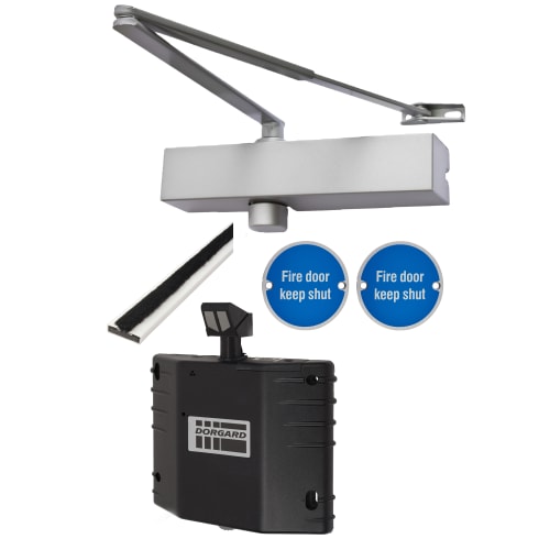Medium Duty Lever Door Handle on Rose Fire Door Kit Dorgard Holder - Euro Sashlock - Aluminium