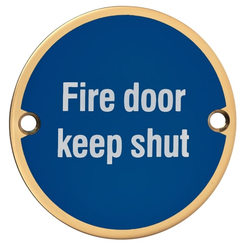 Fire Door Keep Shut - 75mm Diameter - Polished Brass