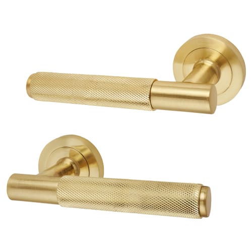 Hampstead Knurled Lever Door Handle on Rose Satin Brass IronmongeryDirect Same Day Despatch