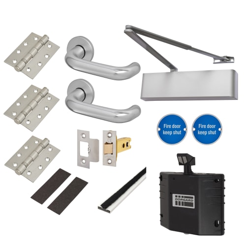 Heavy Duty Lever Door Handle on Rose Fire Door Kit with Dorgard Holder - Latch - Aluminium