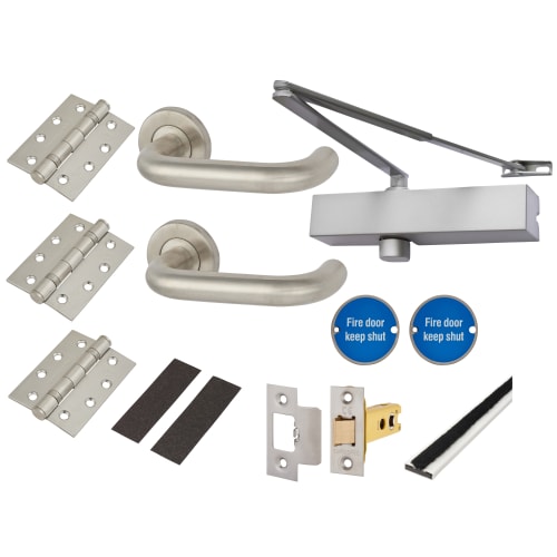 Medium Duty Lever Door Handle on Rose Fire Door Kit - Latch - Stainless Steel
