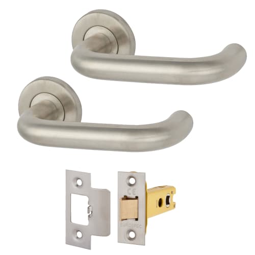 Medium Duty Lever Door Handle on Rose Fire Door Kit - Latch - Stainless Steel