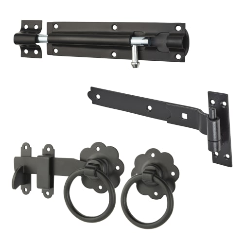 Cranked Hook & Band Gate Hinge Kit with Ring Gate Latch 300mm Black