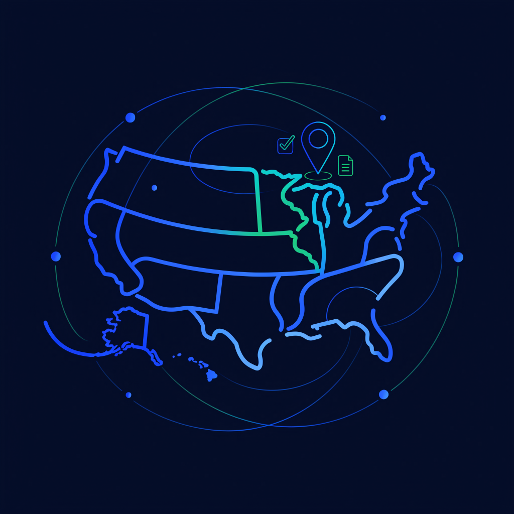 Illustration of a US map outline with a glowing state marker