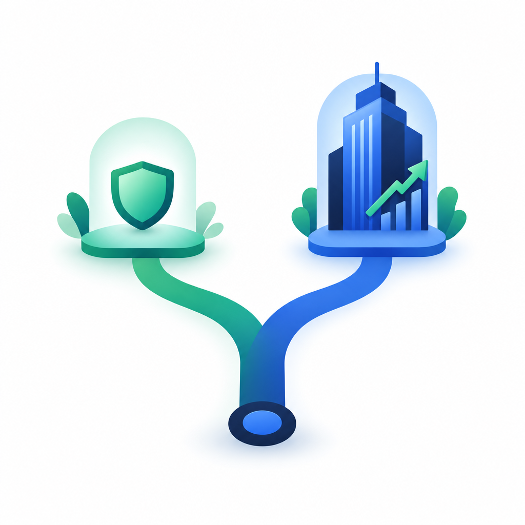 Abstract illustration of two paths branching from one decision point, toward an LLC shield and a corporate tower