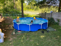 All three boys splashing around in the completed pool