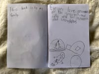 The first two inside pages of Noah’s book, Snow Me. At the bottom of the second page, there is a snowman, an igloo, a snowball, and a snow-globe.