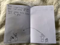 The third and fourth inside pages of Noah’s book, Snow Me. Across the bottom of both pages is a scene where three snowmen are playing a game of baseball with snowballs.