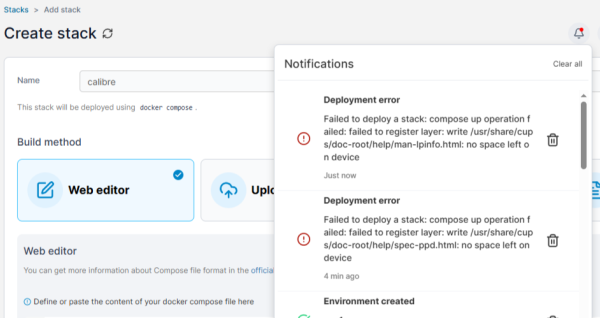Portainer showing error