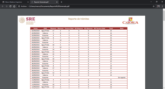 Resultado al generar reporte PDF