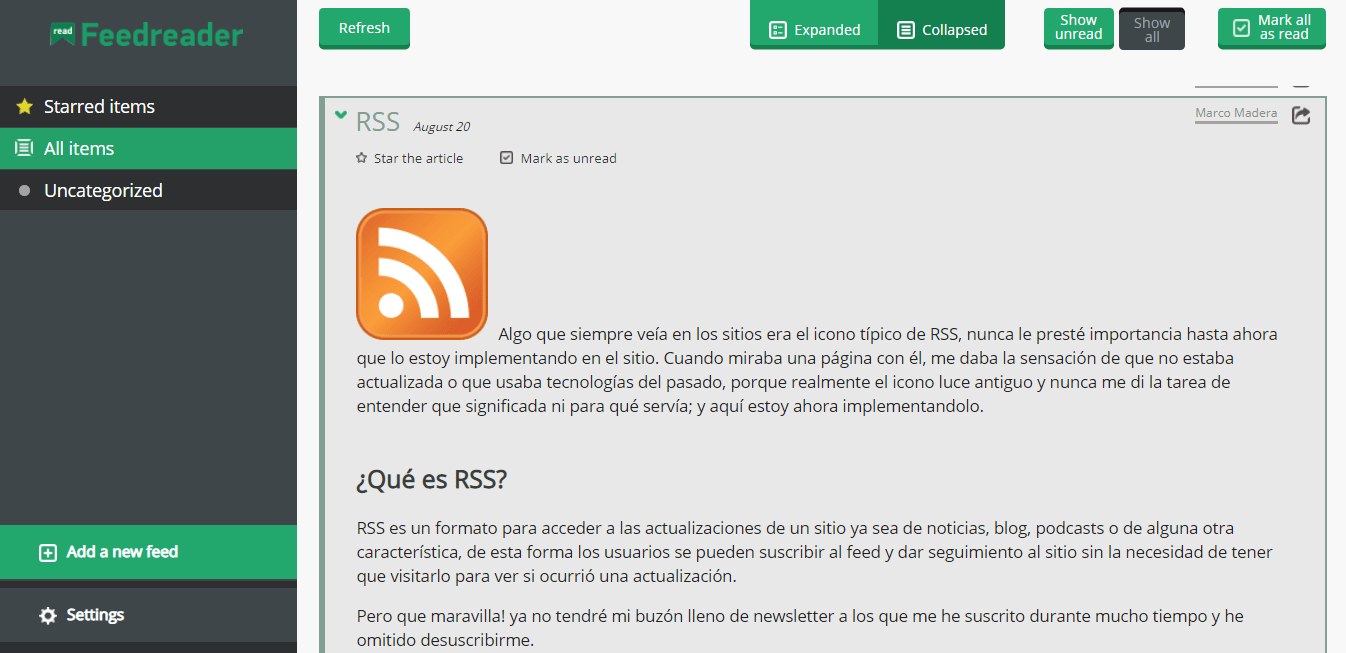 Modo lectura Feedreader