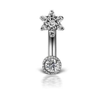 Diamond Flower and Scallop Set Diamond Rook Barbell White Gold 3mm / 2mm 6.5mm+18 Gauge = 1.02mm