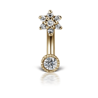 Diamond Flower and Scallop Set Diamond Rook Barbell Yellow Gold 3mm / 2mm 6.5mm+18 Gauge = 1.02mm