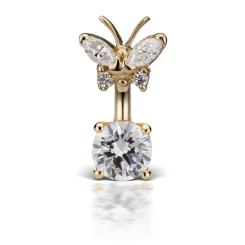 Cubic Zirconia Butterfly and 6mm Solitaire Barbell Yellow Gold 8mm / 6mm 11mm