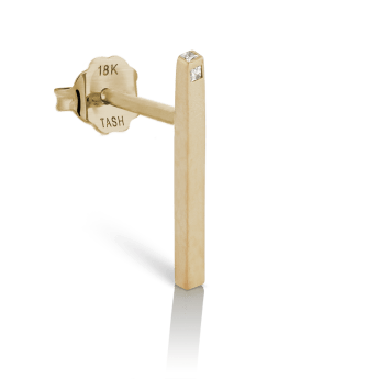 Matte Square Three Diamond End Bar Stud Earring Yellow Gold 18mm