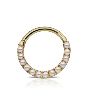 Pearl Horizontal Eternity Hoop Earring Yellow Gold 9.5mm 16 Gauge = 1.3mm