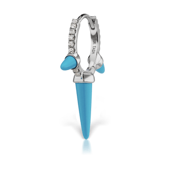 Triple Long Turquoise Spike Diamond Eternity Hoop Earring White Gold 9.5mm