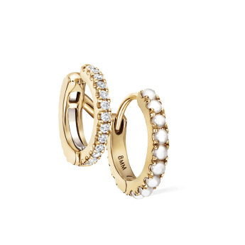Pearl and Diamond Double Eternity Linked Hoop Earring and Cuff Yellow Gold 8mm Right